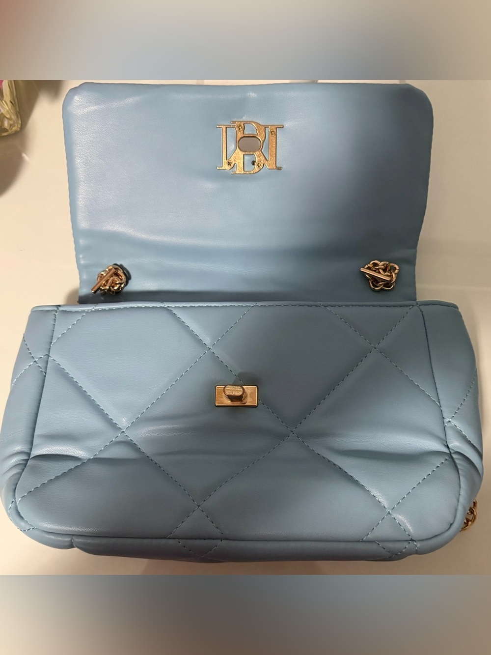 Quilted Light Blue Crossbody with Gold Chain and Round Logo - Picture 8 of 11